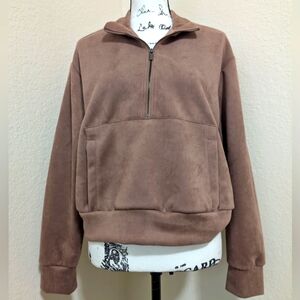 EUC•TAHIRI Brown Faux Suede 1/2 Zip Pullover Top/Sweater W/Kangaroo Pocket•S🤎